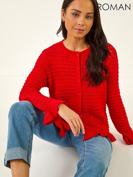Roman Red Textured Frill Hem Knit Cardigan (V71281) | 335 SAR