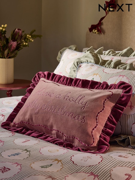 30 X 50cm Holly Jolly Christmas Slogan Ruffle Cushion