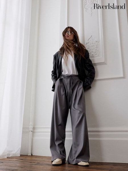 Harmaa - River Island High Waisted Tie Front Trousers