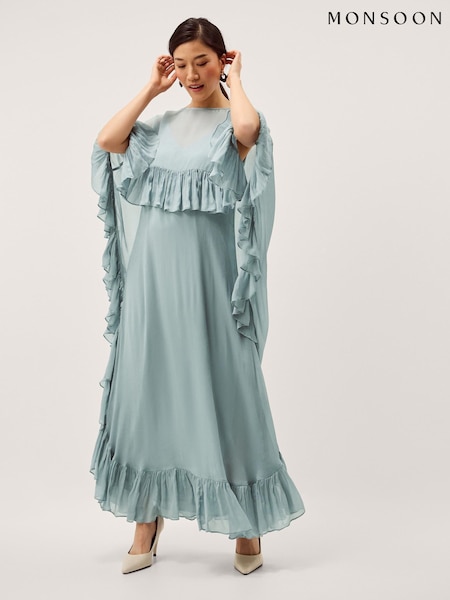 Monsoon Blue Jodie Ruffle Cape Chiffon Maxi Dress (V72153) | AED1,279