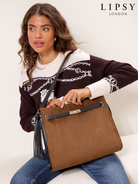 Tan Brown Suedette - Lipsy Large Shoulder Tote Bag