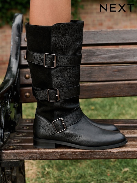 Black - Forever Comfort® Pirate Knee High Pull On Leather Boots