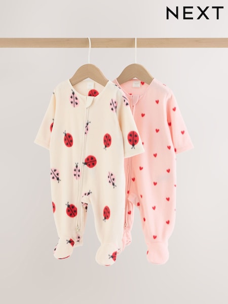 Pink/Cream Ladybird - Micro Fleece Two Way Zip Baby Sleepsuits 2 Pack