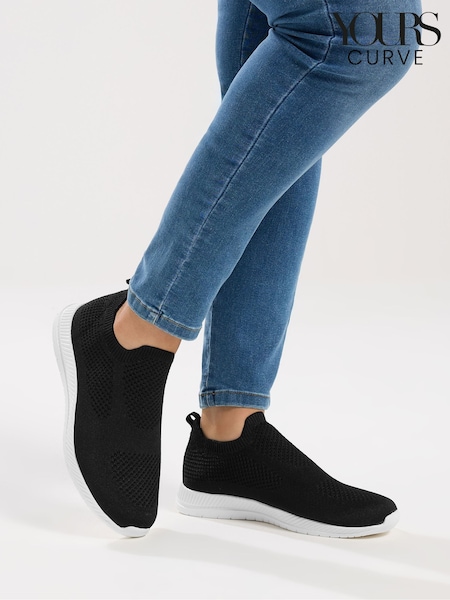 Yours Curve Black Wide Fit Knitted Slip On Trainers (V72611) | $77