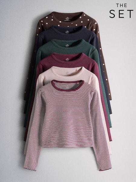Pink/Burgandy Red/Stripe/Floral Print - The Set 6 Pack Long Sleeve Cropped Rib Jersey T-shirts