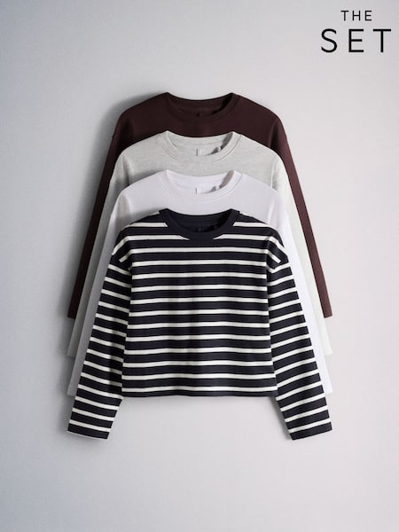 White/Grey Marl/Chocolate Brown/Stripe - The Set 4 Pack Long Sleeve Seam Detail Cotton T-shirts