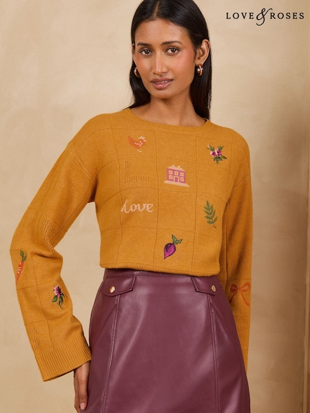 Oker Gul - Love & Roses Gardening Broderi Detalj Rund hals Strikket Genser