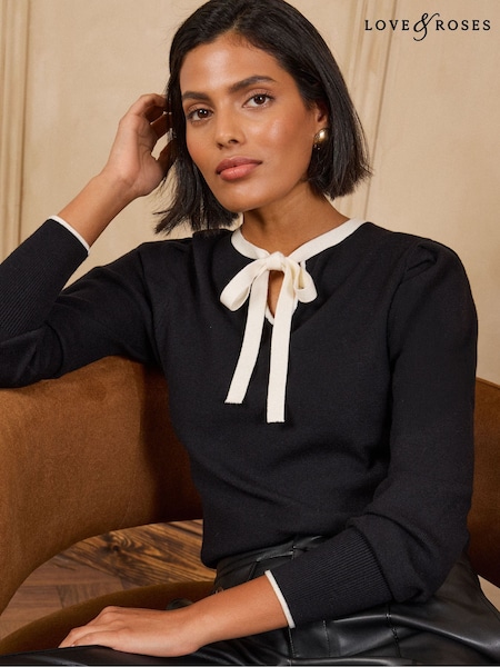 Monochrome - Love & Roses Puff Sleeve Crew Neck Tie Detail Knitted Top