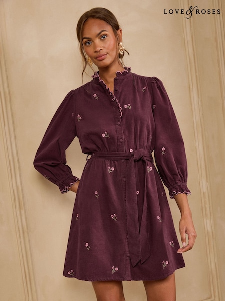 Burgundy Red Floral - Love & Roses Emrboidered Cord Frill Collar Mini Dress