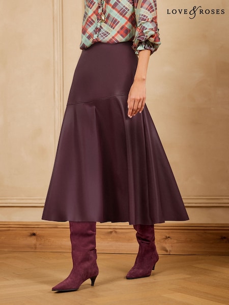 Berry Red - Love & Roses Faux Leather Asymmetric Full Hem Midi Skirt