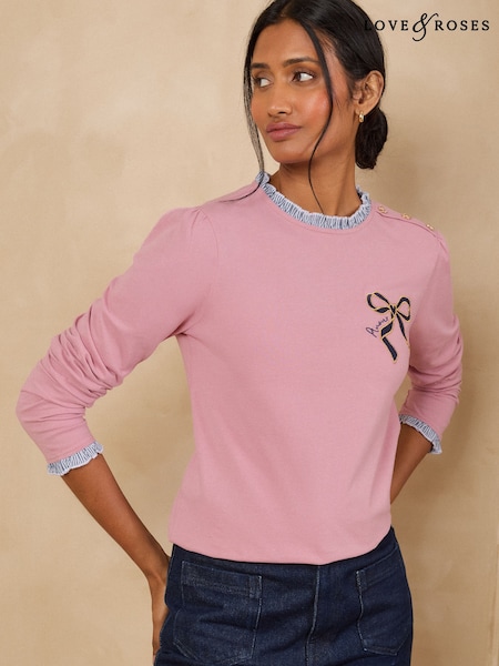 Rose Pink - Love & Roses Embroidered Bow Long Sleeve Jersey Top