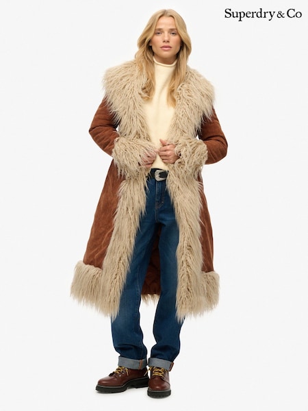 Brown - Superdry Long Afghan Coat