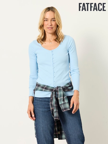 Բաց կապույտ - Fatface Button Ribbed Long Sleeve Top