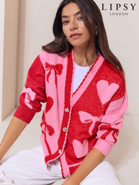Pink Red - Lipsy Bow And Heart Detail Cardigan