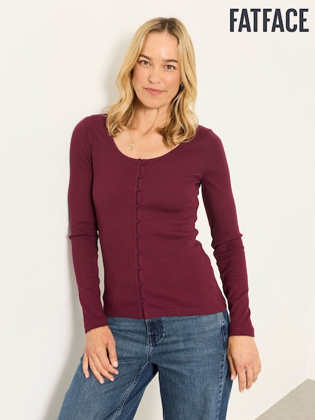Plum Purple - Fatface Button Ribbed Long Sleeve Top