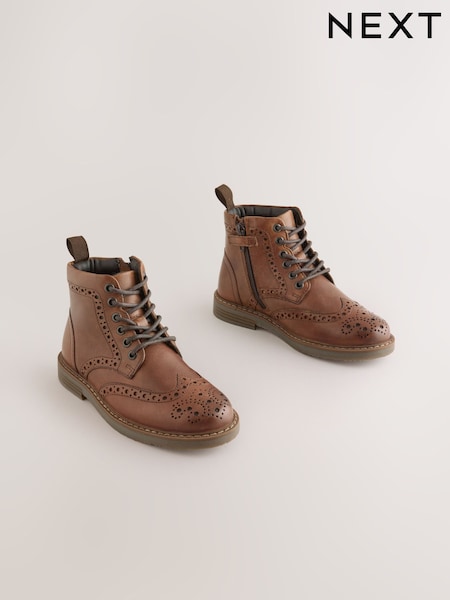 Tan Brown - Leather Lace Up Brogue Boots