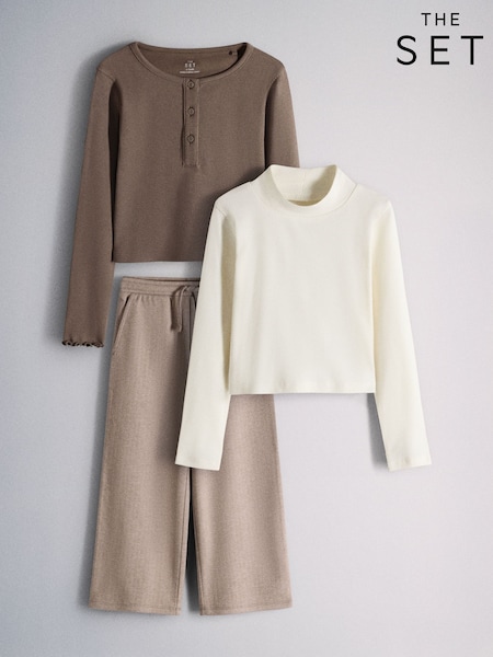 Brown/Cream/Herringbone - The Set 3 Piece Long Sleeve Henley, Long Sleeve Roll Neck Top And Wide Leg Trousers Set