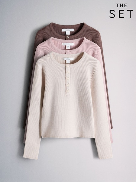 Pink/Oatmeal/Brown - The Set 3 Pack Long Sleeve Ribbed Henley Tops