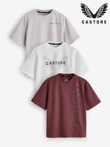 White/Burgundy/Grey - Castore Oversized Short Sleeve Logo Cotton T-shirts 3 Pack