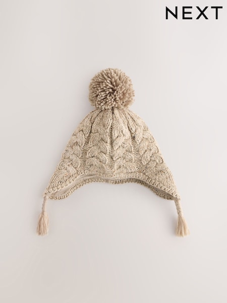 Oatmeal - Cable Pom Knitted Trapper Hat (3mths-10yrs)