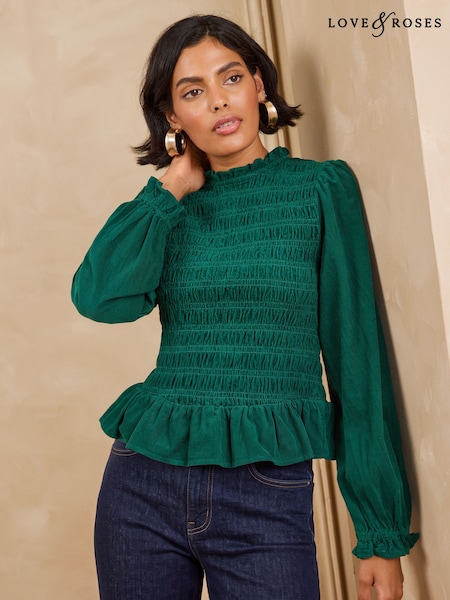 Forest Green - Love & Roses Long Sleeve Shirred Cord Top