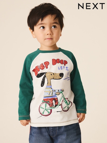 Green/Ecru Ragan Dog - Long Sleeve Graphic T-shirt (3mths-7yrs)