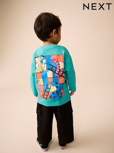 Serpientes y escaleras azul verdoso - Long Sleeve Back Graphic T-shirt (3mths-10yrs)