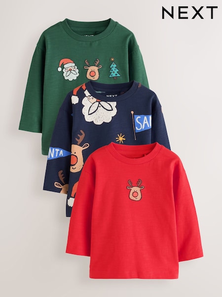 Dunkelblau/Rot - Long Sleeve Christmas T-shirts 3 Pack (3mths-7yrs)