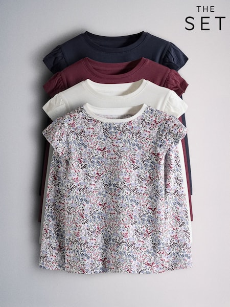 Ditsy Print/Cream/Burgandy Red/Navy Blue - The Set 4 Pack Long Sleeve Frill Shoulder Jersey T-shirts
