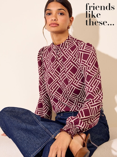 Burgundy Geo Print - Friends Like These High Neck Shirred Cuff Blouse