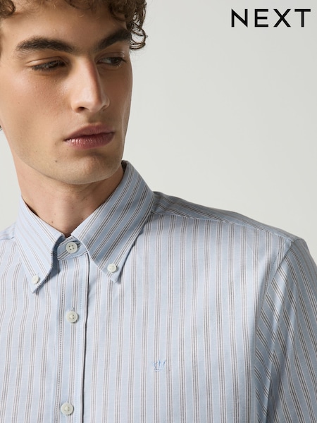 Light Blue/Ecru Stripe - Regular Stretch Oxford Long Sleeve Shirt