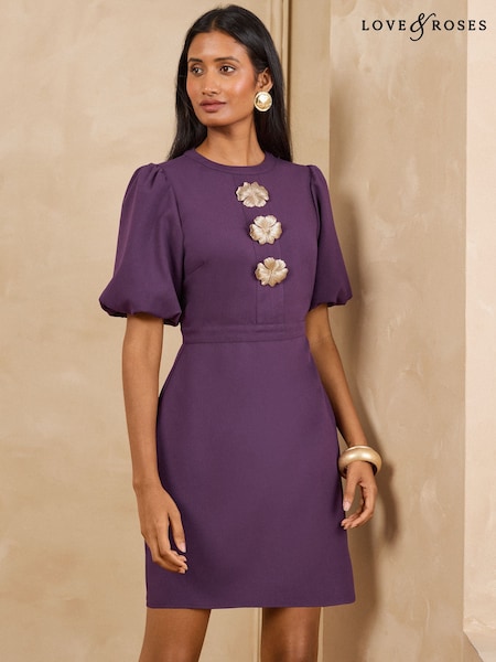 Aubergine Purple - Love & Roses Gold Flower Button Puff Sleeve Mini Dress