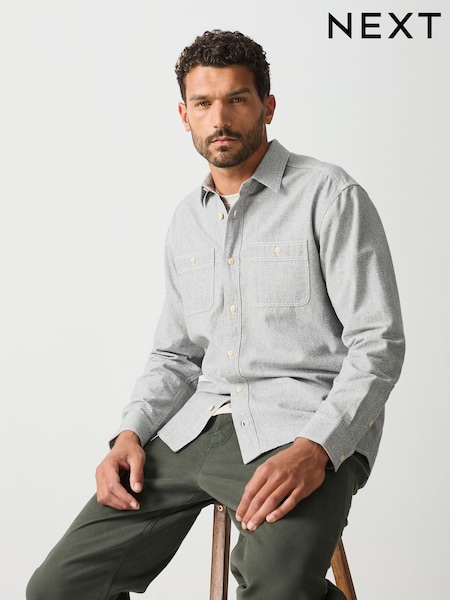 Grey - Regular Chambray Twin Pocket Long Sleeve Shirt