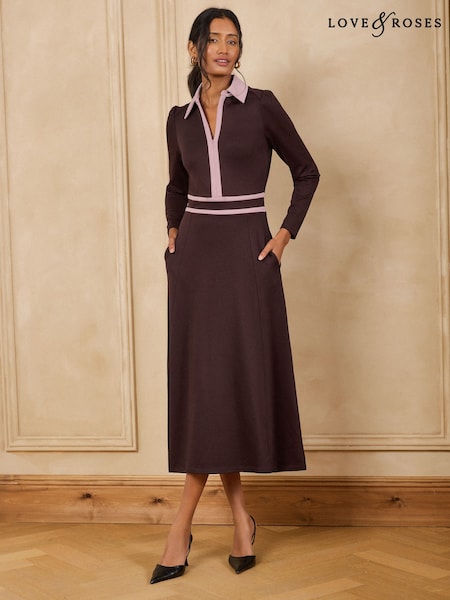 Chocolate Brown - Love & Roses Contrast Ponte Midi Dress