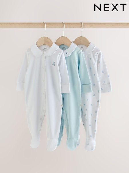 Pale Blue - Collar Baby Sleepsuits 3 Pack (0-2yrs)