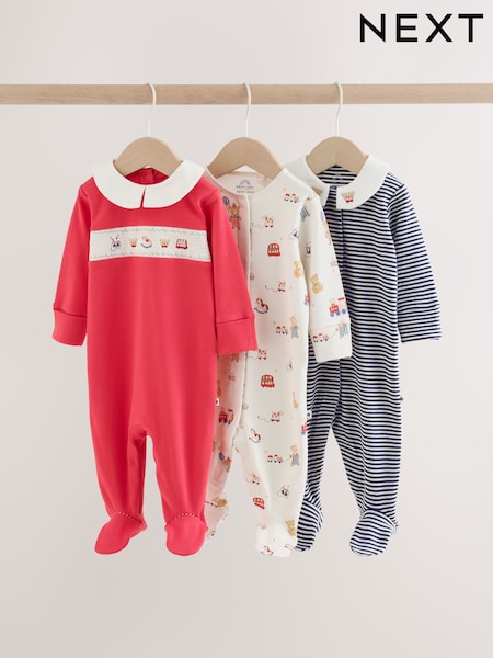 Krémové/červené - Collared Sleepsuits 3 Pack (0mths-2yrs)