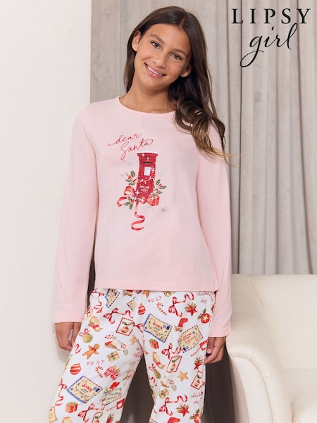 Pink/White - Lipsy Christmas Jersey Long Sleeve Pyjamas (5-16yrs)
