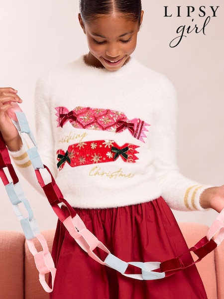 White Fluffy - Lipsy Matching Family Christmas Cracker Jumper (5-16yrs)