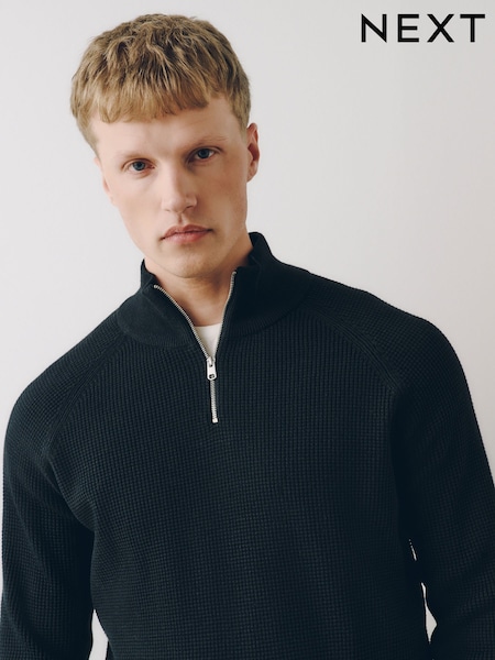 Black - Regular Regular Fit Textured Quarter Zip Jumper