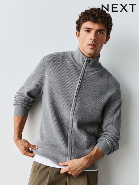 Grey - Regular Knitted Textured Zip Up Jumper