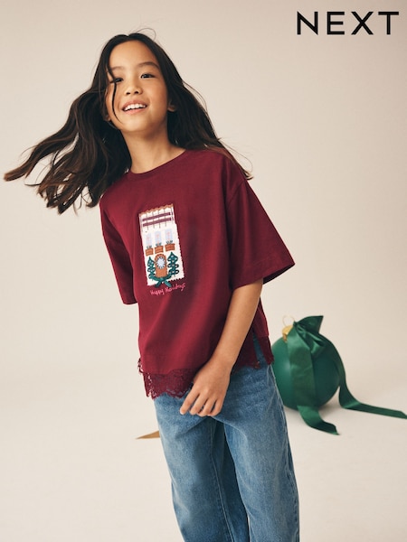 Burgundy Red House - Lace Hem Christmas Applique T-shirt (3-16yrs)