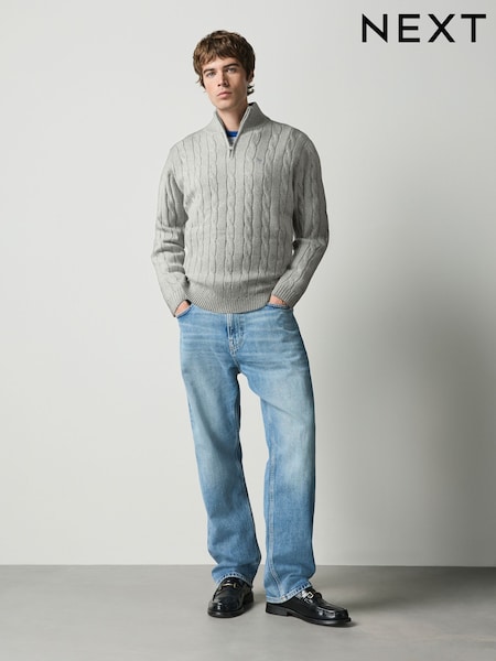 Grey - Regular Quarter Zip Cable Knit Jumper