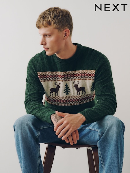 Green - Regular Reindeer Crew Neck Christmas Jumper