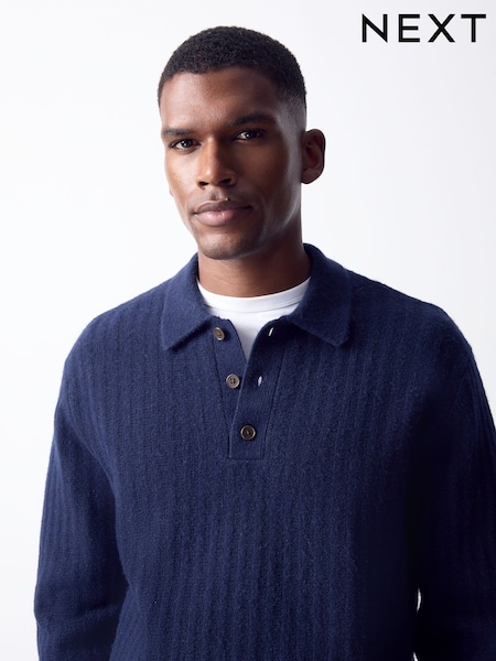 أزرق - Regular Cosy Knit Polo Shirt With Wool