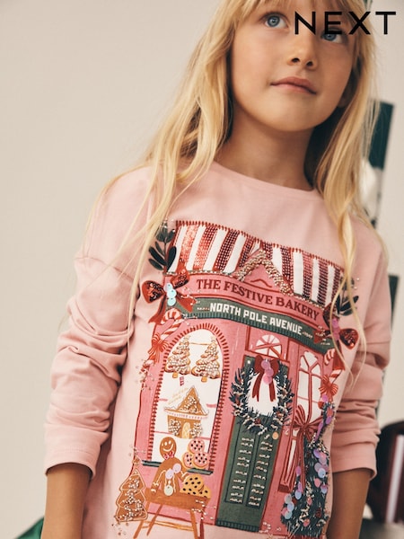 Pink Christmas House - Top de manga larga con lentejuelas (3-16 años)
