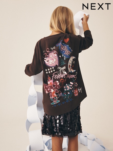 Chocolate Brown Christmas - Sequin Long Sleeve Top (3-16yrs)
