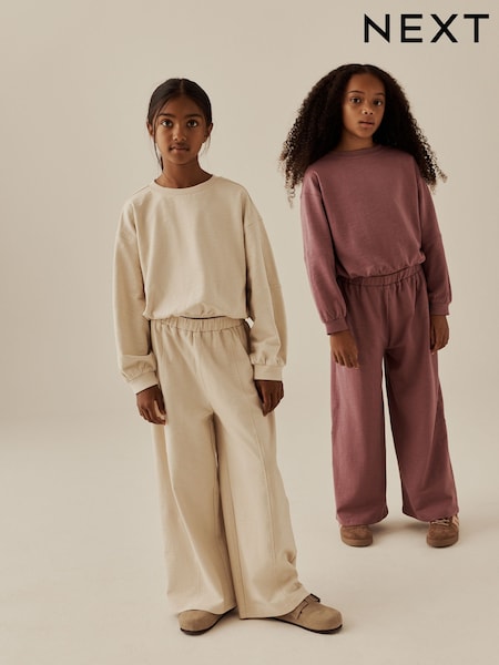 Mauve/Oatmeal - Long Sleeve And Wide Leg Top & Joggers Set 2 Pack (3-16yrs)