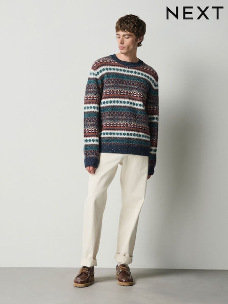 Blue - Regular Fairisle Pattern Knitted Crew Neck Jumper