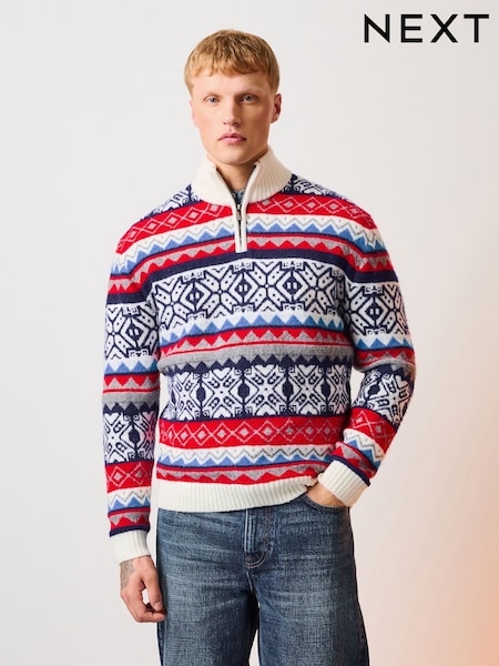 Красно-синяя - Regular Fairisle Quarter Zip Christmas Jumper