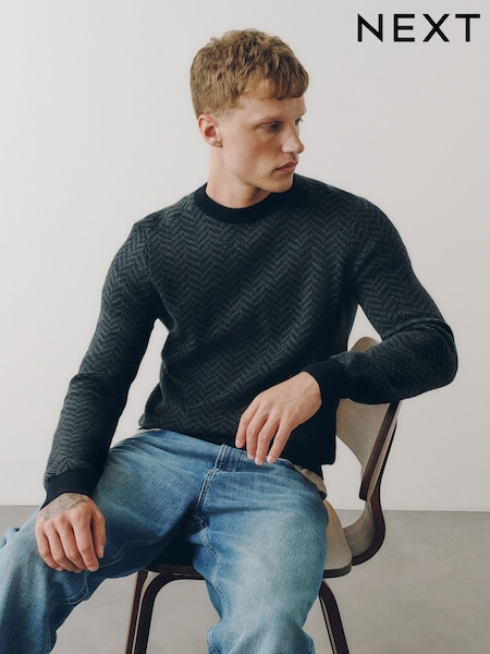 黑色/灰色 - Regular Ultrasoft Herringbone Crew Neck Jumper